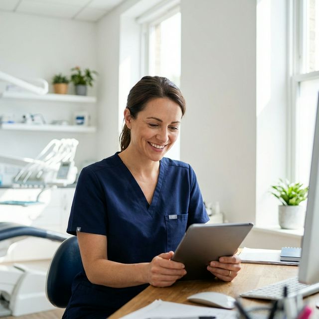 Dentist reviewing patient records on tablet in modern office